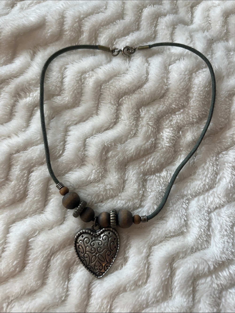 Vintage Heart Pendant Wood Bead Necklace